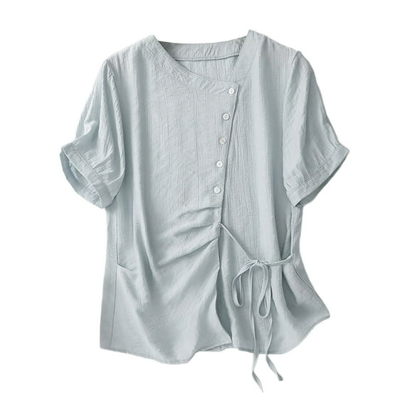 Tsesme Women's Linen Shirts Chinese Style Short Sleeve T-Shirt Button down Round Neck Tops with Drawstring