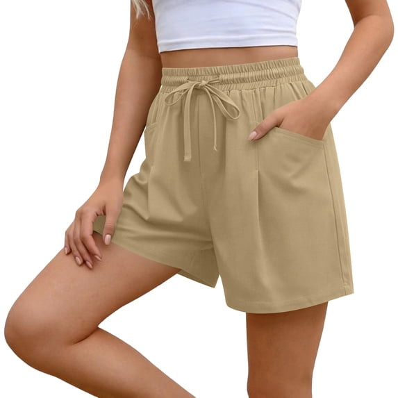Tsesme Women’s Linen Shorts Drawstring Elastic Waist Loose Fits Short Summer Breathable Versatile Shorts Daily Wear,Beige,L