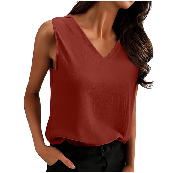 Tsesme Women’s Linen Sleeveless Tops V-Neck Pullover Tank Fashion Back Pleated Summer Casual T-Shirt