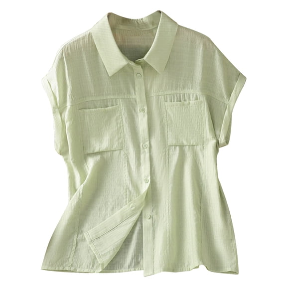 Tsesme Women’s Linen T-Shirts Lapel Short Sleeve Shirts with Pockets Summer Tops Fashion Comfy Shirts