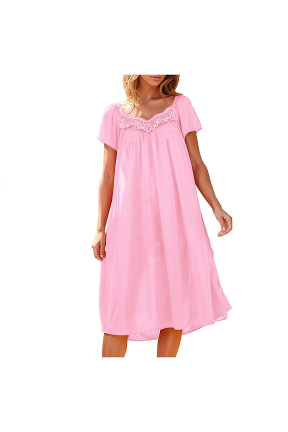 Women's Long Nightgown Short Sleeve Sleepwear Loungewear Semi-Transparent Princess Flowy Dresses
