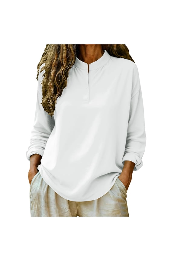 Women’s Mandarin Collar Shirt, Half Button Long Sleeve Tops, Loose Breathable Casual Blouses L
