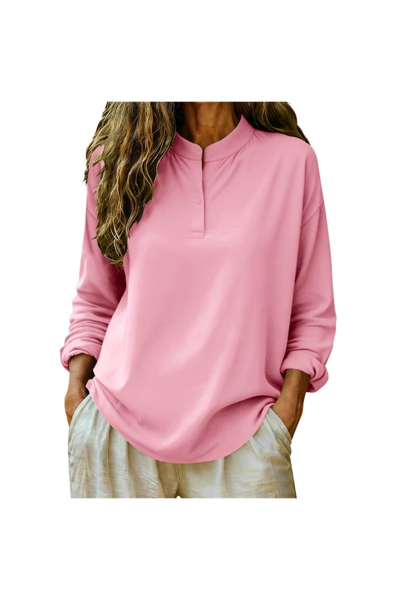 Women’s Mandarin Collar Shirt, Half Button Long Sleeve Tops, Loose Breathable Casual Blouses M