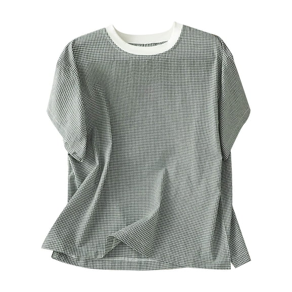 Tsesme Women’s Plaid Short Sleeve T-shirt Round Neck Pullover Tops Hem Split Loose Casual Tees