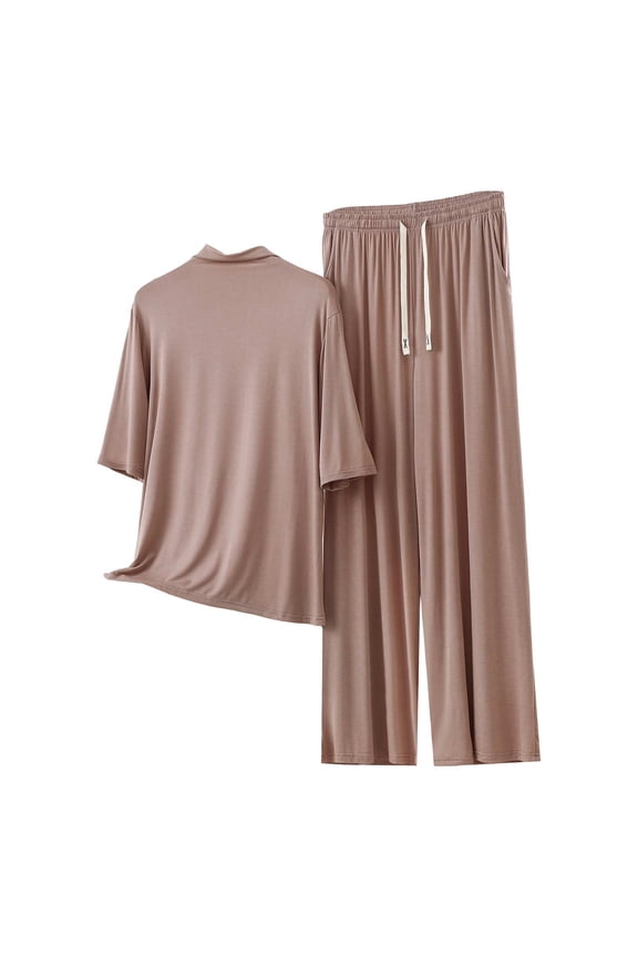 Women’s Plus Size Loungewear Set, Summer Mock Neck T-Shirt and Long Pants Sleep Set, Loose Fits Comfy Home Pajamas Set,Coffee,L