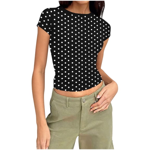 Tsesme Women’s Polka Dot Short T-shirt Summer Round Neck Short Sleeve Tops Fashion Slim Tees