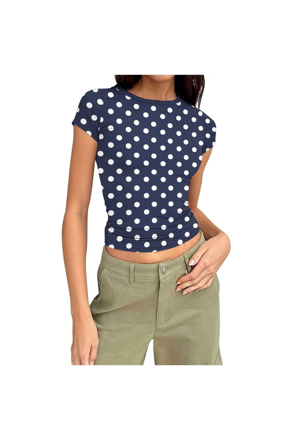 Women’s Polka Dot Short T-shirt Summer Round Neck Short Sleeve Tops Fashion Slim Tees