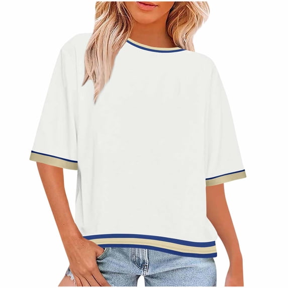 Tsesme Women’s Round Neck T-Shirt Color Patchwork Short Sleeve Tops Loose Fashion Summer Basic Tees