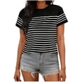 thumbnail image 1 of Tsesme Women's Round Neck T-Shirt Stripe Printed Short Sleeve T-Shirt Fashion Casual Versatile Tee Daily Wear ,Black,M, 1 of 6