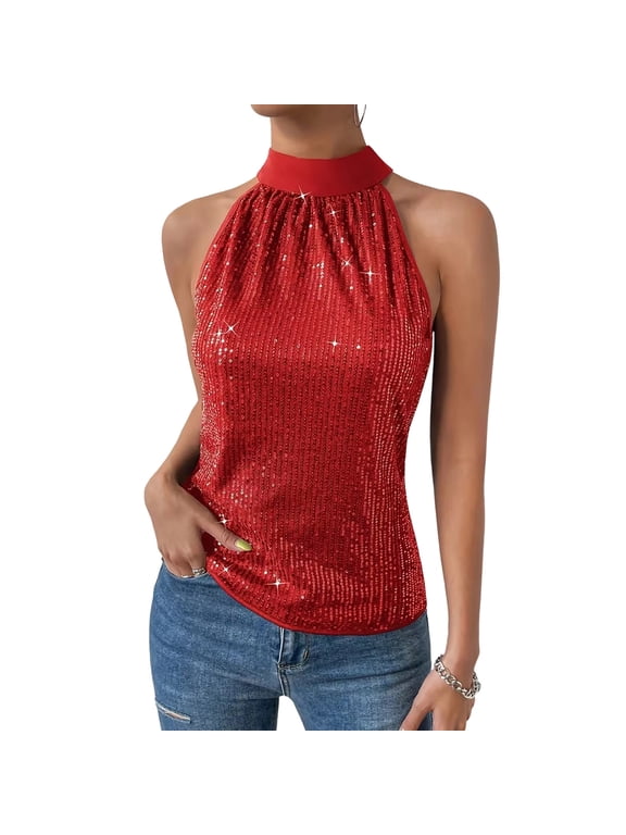 Women's Sequins Sleeveless Tops Tie Back Halter Neck Blouse Summer Fashion Party Tops
