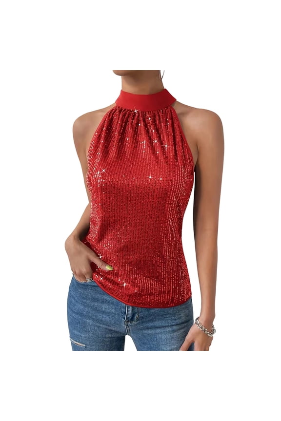 Women's Sequins Sleeveless Tops Tie Back Halter Neck Blouse Summer Fashion Party Tops