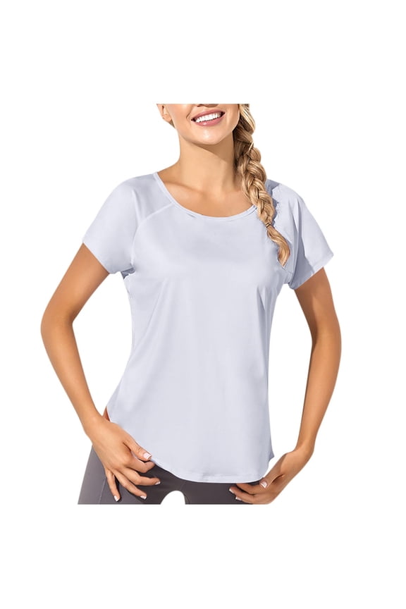 Women's Short Sleeve Workout T-Shirts Crew Neck Sports Yoga Running Dry Tops Back Split Tee