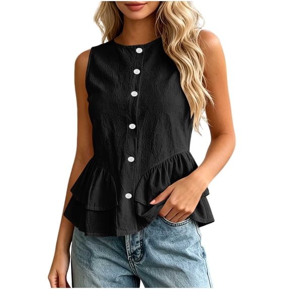 Tsesme Women's Sleeveless Peplum Shirts - Round Neck Button Tank Tops - Fashion Loose Ruffle Hem Summer Tanks L
