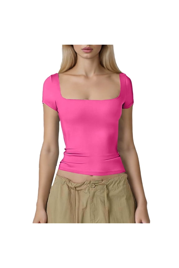 Women's Square Neck Short Sleeve Tops Summer Basic Slim T-Shirt Solid Color Lightweight Tees