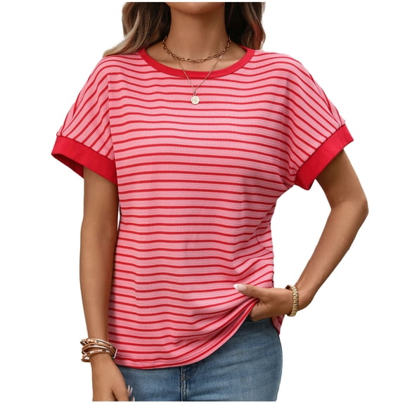 Tsesme Women’s Stripe Knit T-Shirt Short Sleeve Round Neck Pullover Tops Summer Fashion Casual Tees