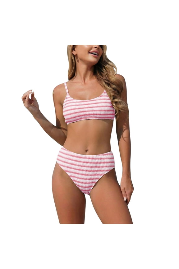 Women’s Striped Bikini Set Spaghetti Strap Two Piece Swimsuit High Waisted Bottom Bathing Suit Summer Swimwear,Pinks,L