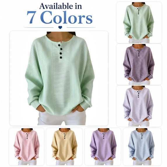 Tsesme Women’s Striped Sweatshirt - Round Neck Button Pullover Tops - Long Sleeve Relaxed Fits Fall Fashion Sweatshirt Tops