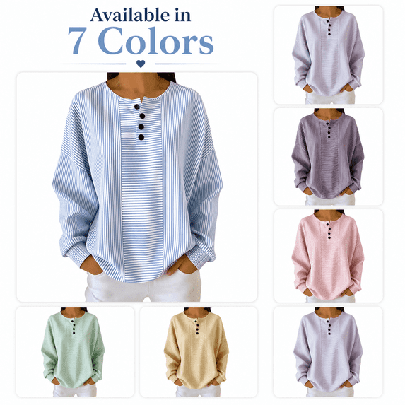 Tsesme Women’s Striped Sweatshirt - Round Neck Button Pullover Tops - Long Sleeve Relaxed Fits Fall Fashion Sweatshirt Tops