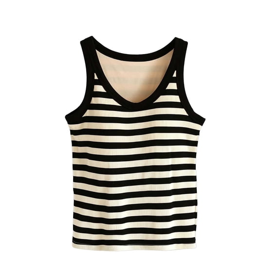 Tsesme Women's Striped Tank Tops with Built in Bras Round Neck Ribbed Sleeveless Tee Stretchy Slim Athletic Camisoles XL
