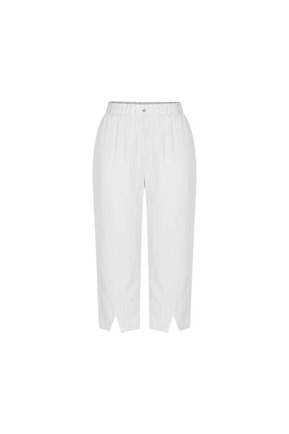 Women's Summer Linen Cropped Pants, Fashion Split Hem Loose Casual Trousers, Elastic Waist Straight Pants