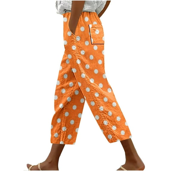 Tsesme Women’s polka Dot Capris, Summer Straight Elastic Waist Casual Trousers, Fashion Loose Pants with Pockets