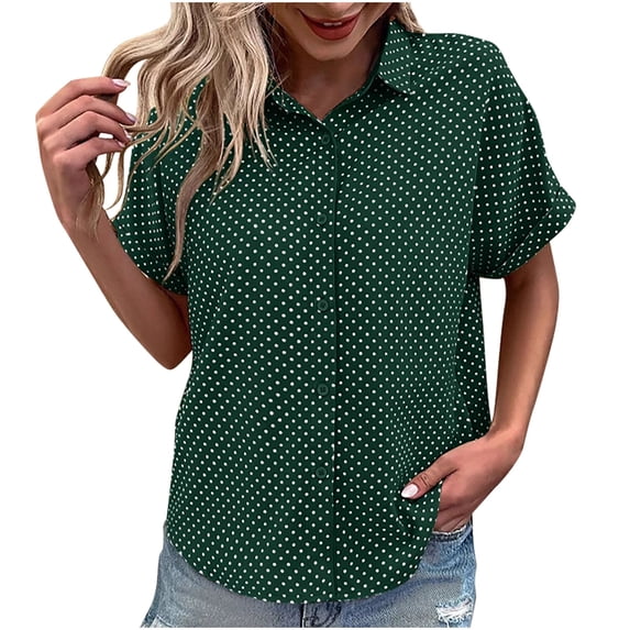 Tsesme Women’s polka Dot Shirt Summer Lapel Collar Button Short Sleeve T-Shirt Loose Casual Tops