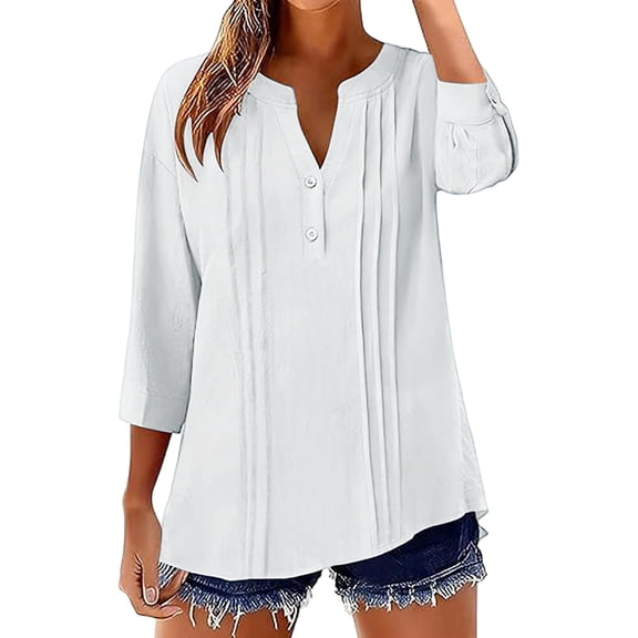 Tsesme Womens 3/4 Sleeve Tops Linen Button down Shirts V Neck Pleated Front Casual Loose Shirt