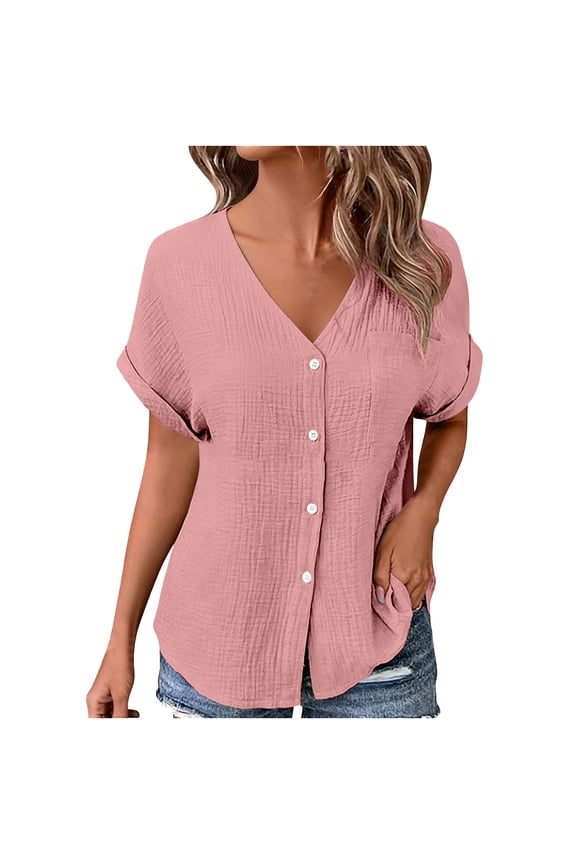 Womens Linen Tops Button Down Dress Shirts Casual Short Sleeve Textured Collared T-shirt Summer Work Blouse