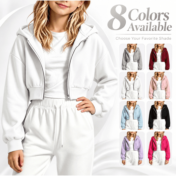 Tsesme Zip up Crop Hoodie for Girls Long Sleeve Hooded Sweatshirt Fall Casual Daily Versatile Hooded Jackets with Pockets 9-10 Years