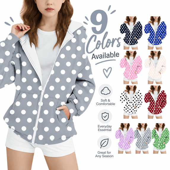 Tsesme Zip up Hoodie for Girl - Polka Dot Print Long Sleeve Hooded Jackets - Casual Sports Loose Sweatshirt with Pockets 8-9 Years