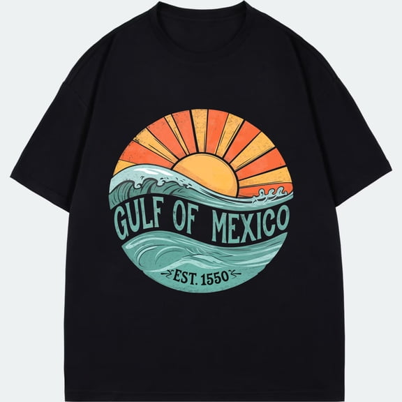 Tshirt Black Gulf Of Mexico Sunset Wave Design Est 1550 Beach Vacation Casual Wear