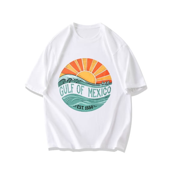 Tshirt Black Gulf Of Mexico Sunset Wave Design Est 1550 Beach Vacation Casual Wear