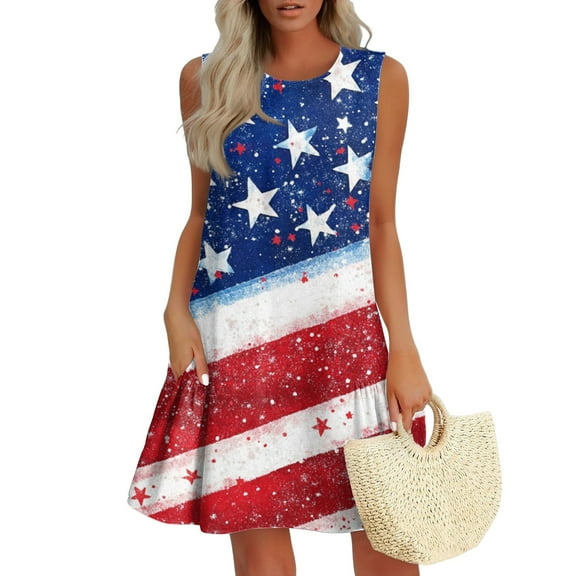 Tshirt Dress, American Flag Casual Tank Sundress With Pockets 4Th Of July Boho Beach T-Shirts Round Neck Dresses Shoe Slacks For Women Hawaiian Dress Black Dresses Outfits (M, Blue) ZMTing