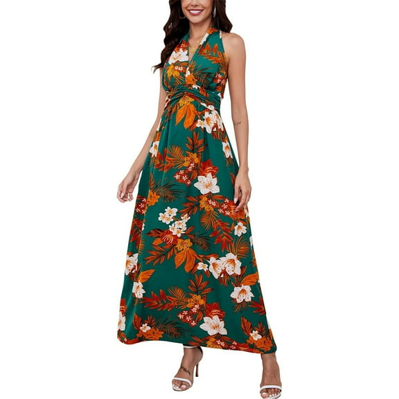 Tshirt Dress, Hawaiian Halter V Neck Floral Backless Bohemian Beach Flowy Maxi Dress Resort For Women 2025 Vacation Black Dress Plus Size Spring Winter Dresses Romper Dresses (XL, Dark Green) ZMTing