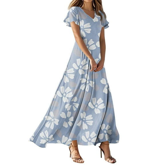 Tshirt Dress, Wedding Guest Easter Dresses Chiffon Floral Short Sleeve Ruffle V Neck Flowy Maxi Dress Winter Vo5 Conditioning Hairdressing Church For Women Dresses Halter (S, Light blue) ZMTing