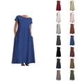 thumbnail image 1 of Tshirt Dress Women Cotton Linen Lightweight Short Sleeve Crewneck Loose Fit Smocked Flowy Maxi Dress with Side Pockets, 1 of 5