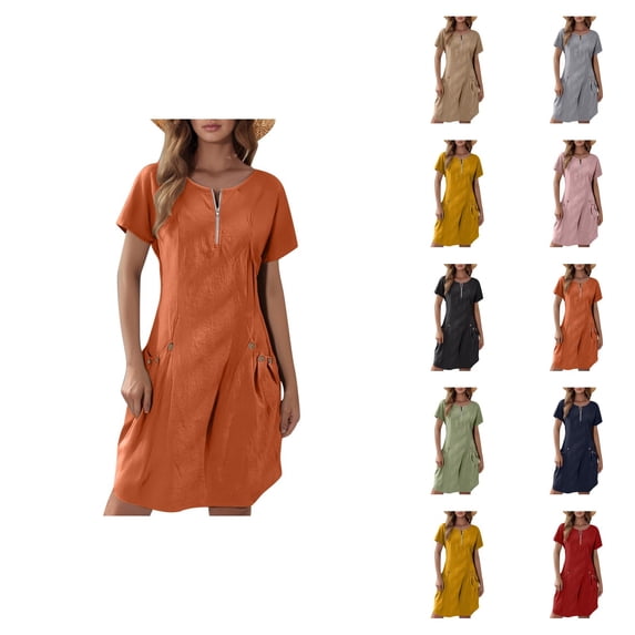 Tshirt Dress Women Cotton Linen Short Sleeve Crewneck Quarter Zip Midi Dress Casual Summer Dress with Pockets