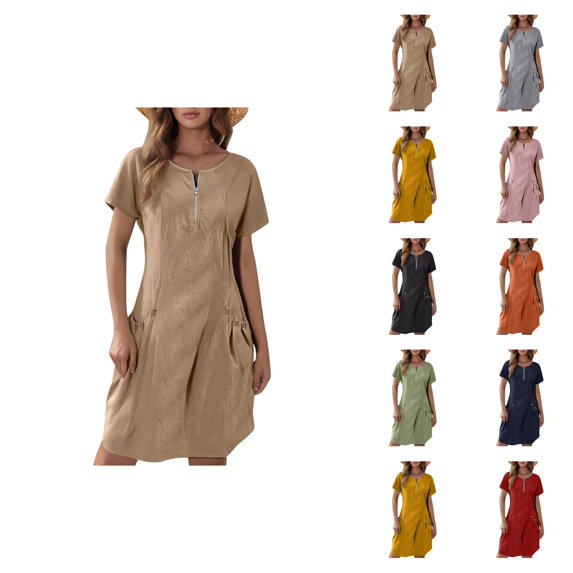 Tshirt Dress Women Cotton Linen Short Sleeve Crewneck Quarter Zip Midi Dress Casual Summer Dress with Pockets