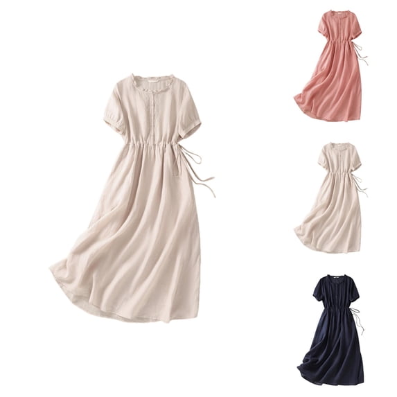 Tshirt Dress Women Cotton Linen Short Sleeve Crewneck Ruffle Neckline Empire Waist Swing Flowy Boho Midi Dress