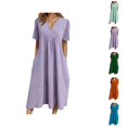 thumbnail image 1 of Tshirt Dress Women Cotton Linen Spring Summer Short Sleeve V Neck Smocked Loose Fit Flowy Midi Dress with Pockets, 1 of 5