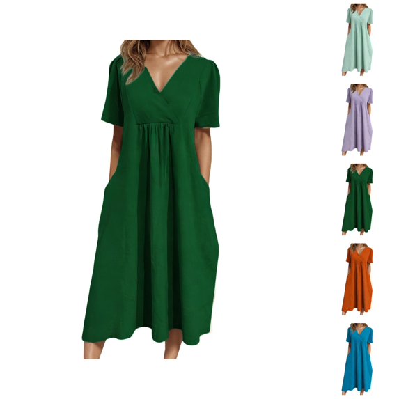 Tshirt Dress Women Cotton Linen Spring Summer Short Sleeve V Neck Smocked Loose Fit Flowy Midi Dress with Pockets