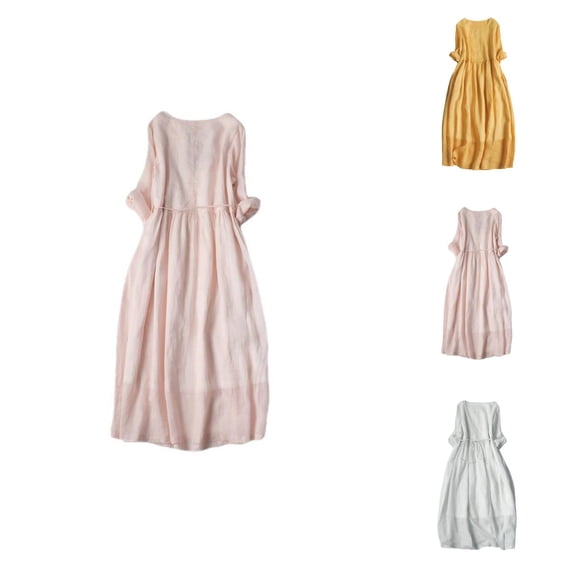 Tshirt Dress Women Elbow Sleeve Loose Fit Crewneck Empire Waist Embroidered Boho Midi Dress Casual Summer Dresses