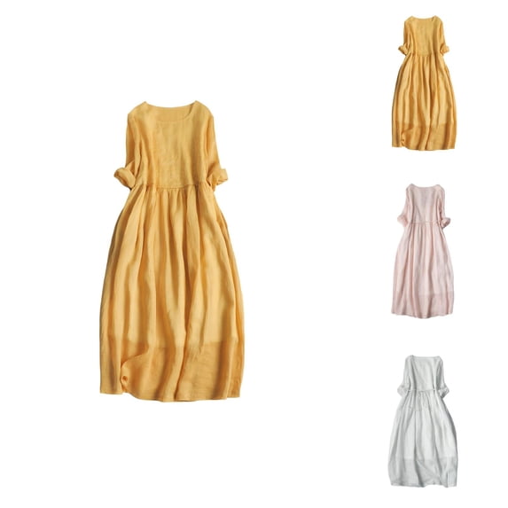 Tshirt Dress Women Elbow Sleeve Loose Fit Crewneck Empire Waist Embroidered Boho Midi Dress Casual Summer Dresses
