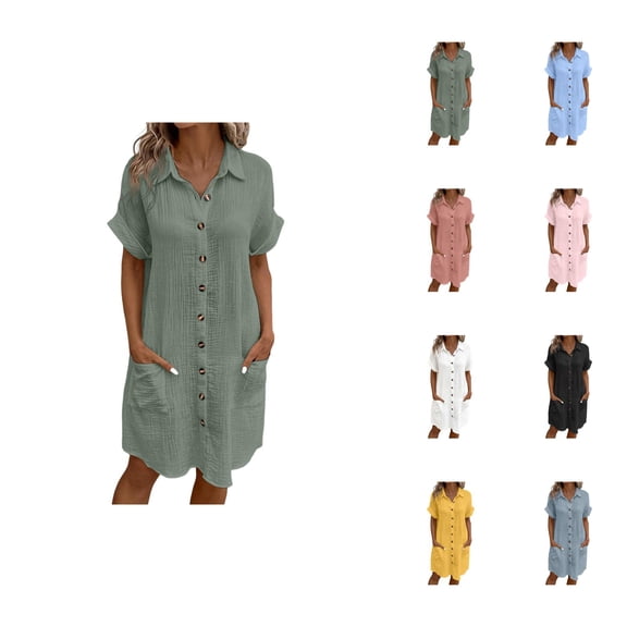 Tshirt Dress Women Short Sleeve Lapel Button Down Loose Knee Length Dresses with Pockets T Shirt Dresses for Women