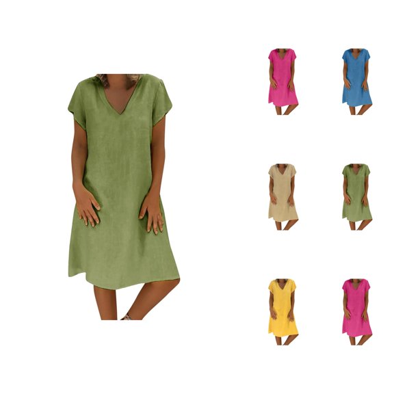 Tshirt Dress Women Summer Cotton Linen Plus Size Short Sleeve V Neck Knee Length Dresses T Shirt Dresses for Women