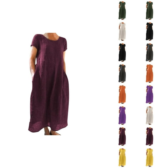 Tshirt Dress Women Summer Cotton Linen Short Sleeve Crewneck Loose Fit Long Maxi Dresses T Shirt Dresses for Women