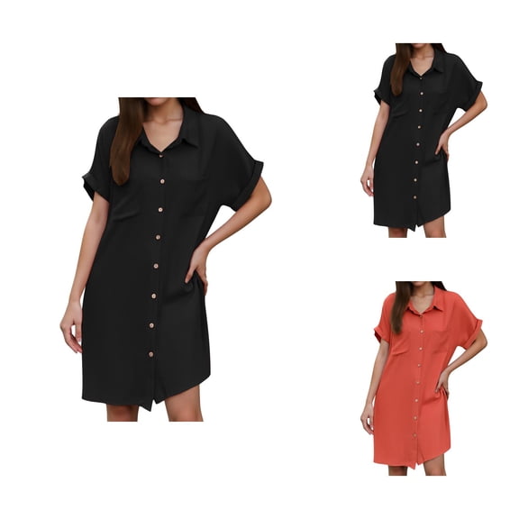Tshirt Dress Women Summer Cotton Linen Short Sleeve V Neck Button Down Loose Mini Dresses T Shirt Dresses for Women