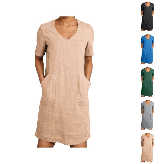 Tshirt Dress Women Summer Cotton Linen Short Sleeve V Neck Loose Mini Dresses with Pockets T Shirt Dresses for Women