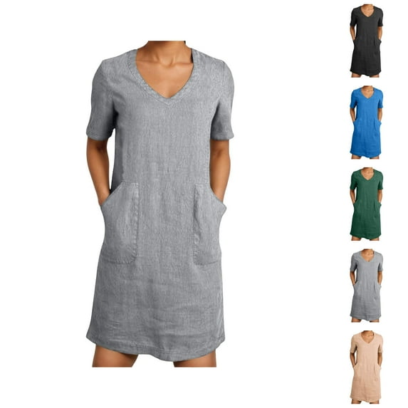 Tshirt Dress Women Summer Cotton Linen Short Sleeve V Neck Loose Mini Dresses with Pockets T Shirt Dresses for Women