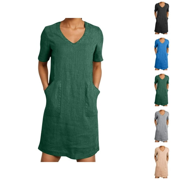 Tshirt Dress Women Summer Cotton Linen Short Sleeve V Neck Loose Mini Dresses with Pockets T Shirt Dresses for Women